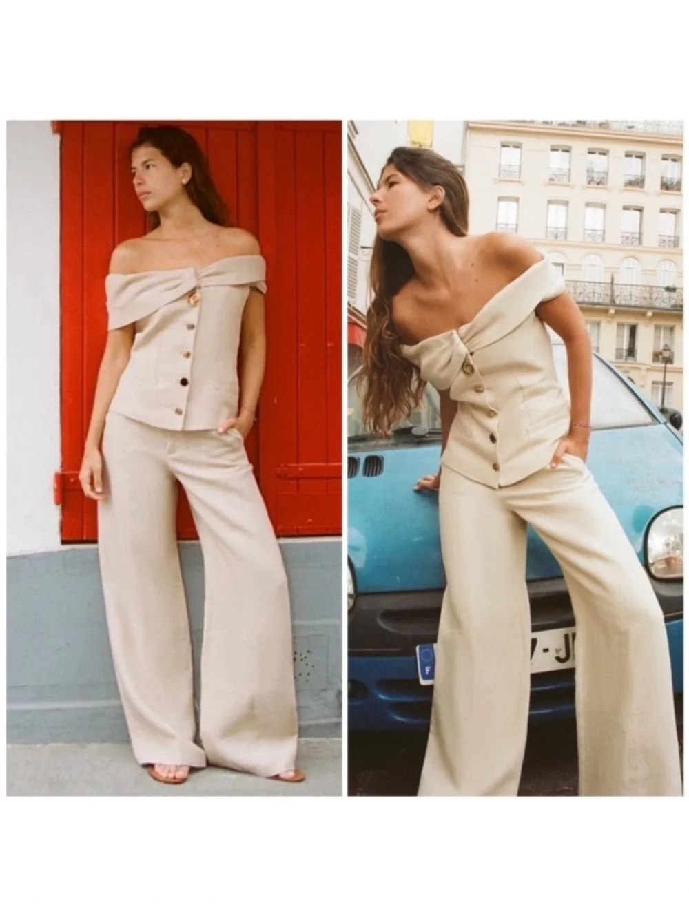 Zara Cream Wide-Leg Linen-Blend Pants